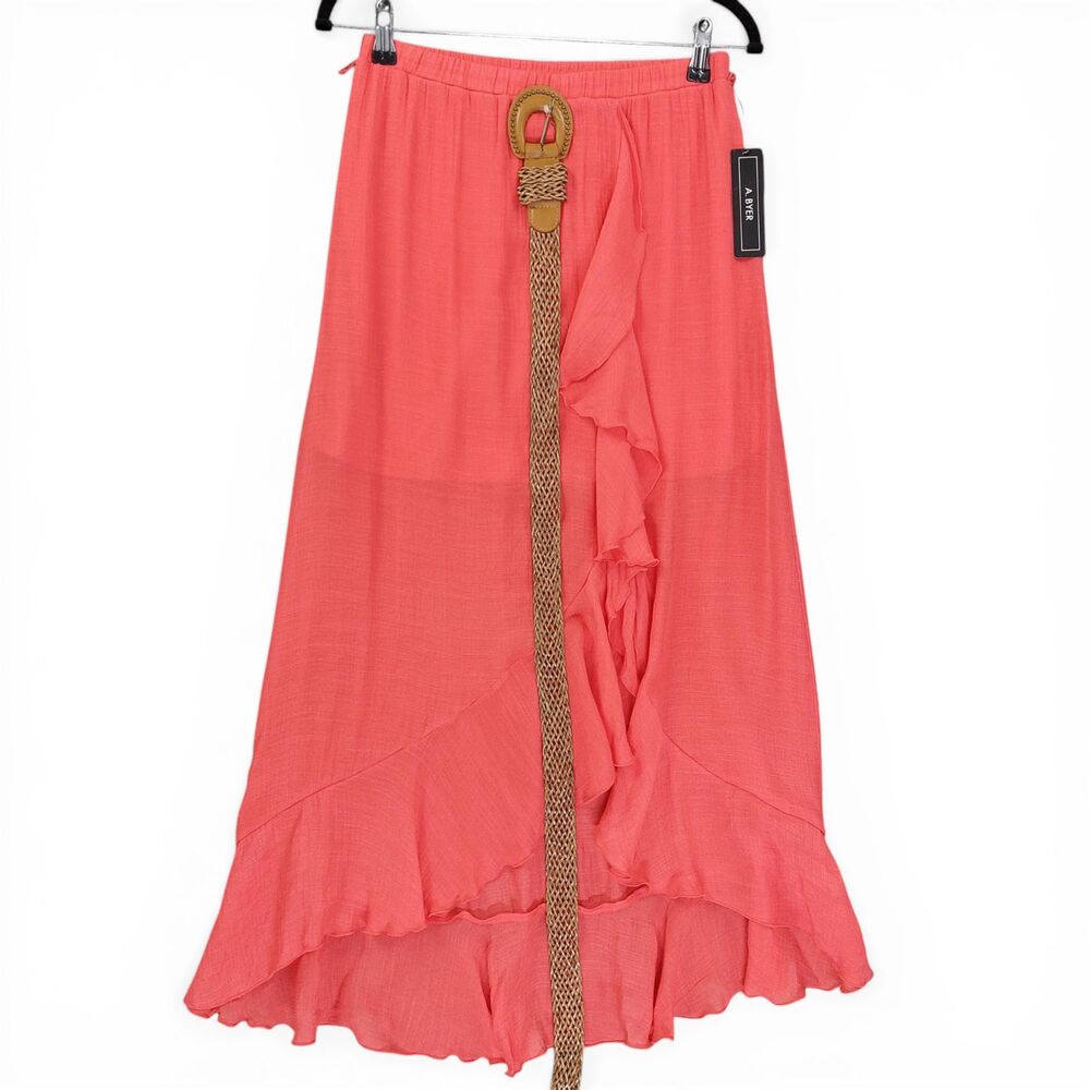 A Byer Womens M Coral Ruffle Wrap Skirt Belted Midi Flowy Boho Summer